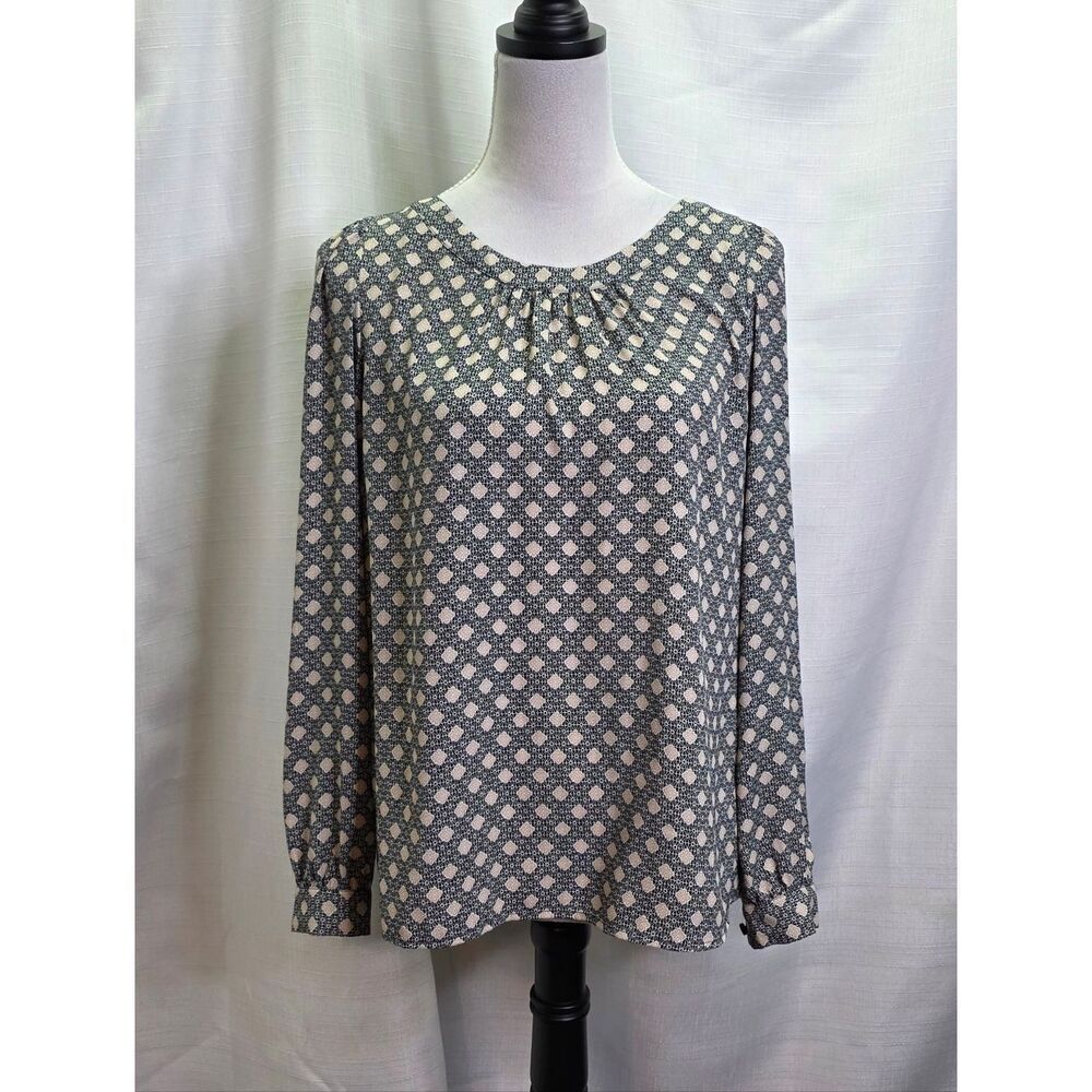 LOFT Black and Tan Print Tie Back Long Sleeve Blouse Size Small